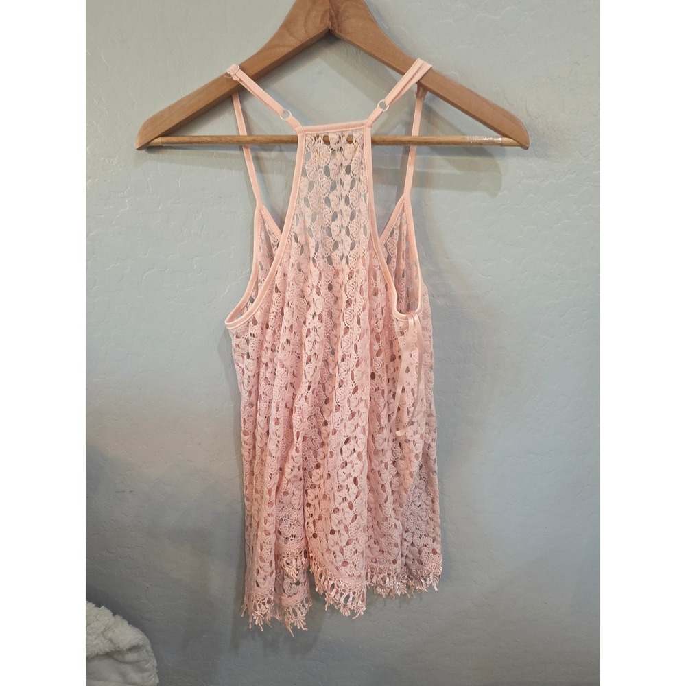 SO Los Angeles Pink Lace Racerback Tank Top Sheer Crochet Fringe Hem L - Picture 2 of 5